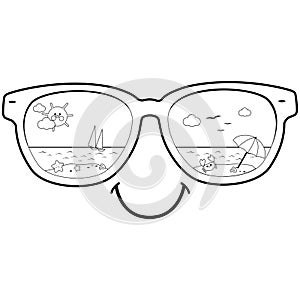 Summer island beach in sunglasses. Tropical vacations in the sea and sun. Vector black and white coloring page