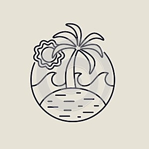 Summer island line art icon with tropical beach