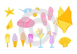 Summer items set. Simple flat design for stickers, for cards, summer day, clip art collection, summer beach holiday