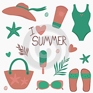 Summer items set - vector flat design jn the theme of beach and vacation. Image isolated on white background.