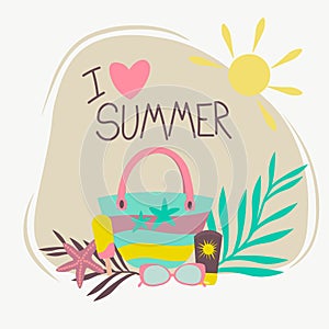 Summer items set - vector flat design jn the theme of beach and vacation. Image isolated on white background.