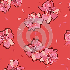 Summer japanese garden red blooming sakura or cherry blossom flowers. Vector seamless pattern. Illustration for fabrics,and all