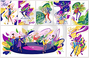 Summer jazz festival concert performance , jazzy musicians playing music, singers and jazz band instruments cartoon set