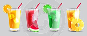 Summer juice vector set design. Summer fruit drinks, iced soda and refreshing lemonade glasses.