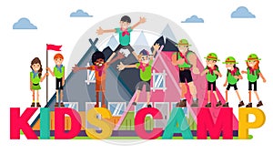 Summer kids camp concept, vector illustration. Scout adventure at nature, travel cartoon vacation design. Fun outdoor