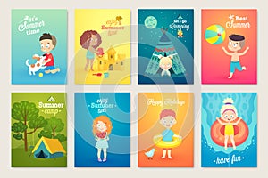 Summer Kids card set, swimming, playing on the beach, camping and having fun.
