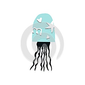 Summer kids poster with a jellyfish cut out of paper. Vector illustration