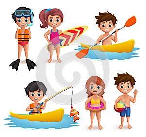 Summer kids vector characters set. Young boys and girls wearing swimming attire doing beach activities