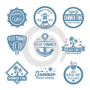 Summer labels, logos, hand drawn tags and elements set for summer holiday, travel or vacation, sun. Vector illustration.