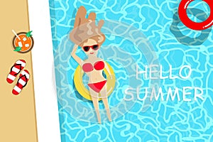 Summer, lady wearing red bikini have a sunbath on swimming pool, seasonal holiday vacation, relax time background vector