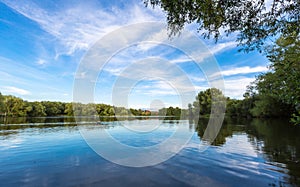 Summer lake landscape with green trees and bush, Woking, Surrey