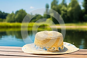 Summer lake park hut picnics. Enjoying a relaxing mood near the water and greenery