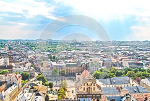 Summer landscape from above in Lviv by blue sky, Ukraine