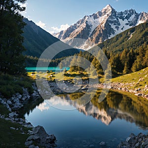 Summer landscape of the alpine lake Issyk near the city of Almaty. Beautiful view of the lake in the