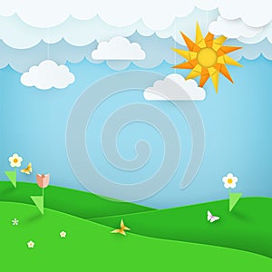 Summer landscape background with green field with flowers and butterflies. Blue sky with clouds and sun.