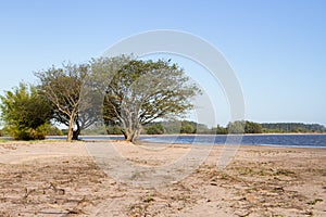 Summer landscape on the banks of the river water sand and clear sky in the city of federation province of entre rios argentina
