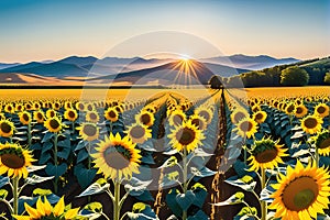 Summer Landscape Bathed in Golden Hour Light, Sun Casting Long Shadows Beneath a Clear Blue Sky, Fields Aglow