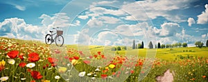 Summer landscape with bicycle and meadows full of flowers. Holiday sunshine banner