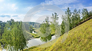 Summer landscape with birch grove and hill, Russia, the Urals
