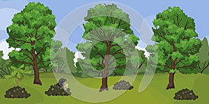 Summer landscape with black mole on molehill and tall oak trees