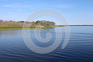 Summer landscape with calm lake and blue sky