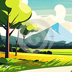 Summer landscape cartoon design background with trees and mountains. Vector illustration