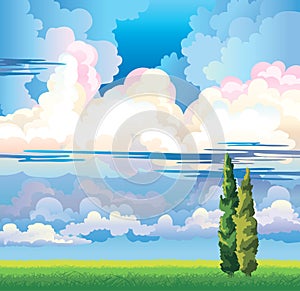 Summer landscape with clouds. two cypress and meadow