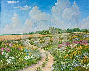Summer landscape and country road on canvas hand drawn. Blossoming spring field. Sunny day, blue sky with light clouds