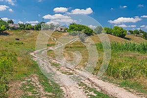 Summer landscape with country road leading to peasant houses