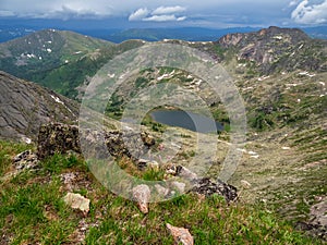 Summer landscape of crystal blue lake with rocks in mountain valley