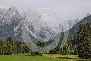 Summer landscape of the famous Pale di San Martino near San Martino di Castrozza. Italy, Europe.