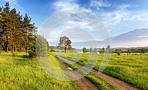 Summer landscape fast of the Ural river with the trees on the Bank of Russia, June