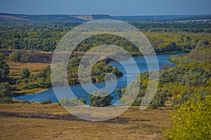 Summer landscape, field and bend of the  river