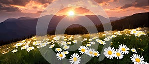 Summer landscape field daisies against backdrop mountains. Wild nature with sky