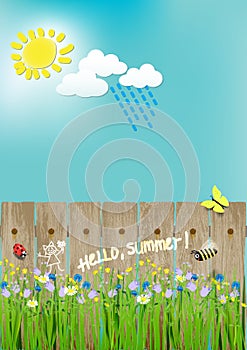 Summer landscape, flowers, sun, bee, ladybug, butterfly. hello summer.vector illustration