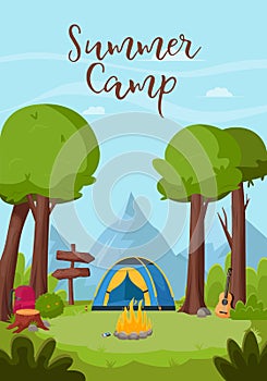 Summer landscape in the forest. Summertime camping, hiking, camper, adventure time concept. Flat vector illustration for