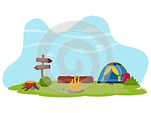 Summer landscape in the forest. Summertime camping, hiking, camper, adventure time concept. Flat vector illustration for