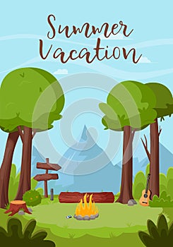 Summer landscape in the forest. Summertime camping, hiking, camper, adventure time concept. Flat vector illustration for