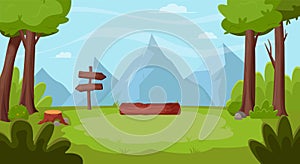 Summer landscape in the forest. Summertime camping, hiking, camper, adventure time concept. Flat vector illustration for