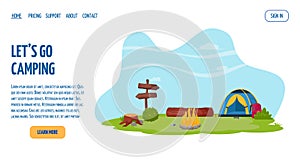 Summer landscape in the forest. Summertime camping, hiking, camper, adventure time concept. Flat vector illustration for