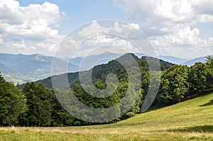 Summer landscape of a forested mountain range and grassy valleys under a cloudy sky. Carpathians, Ukraine