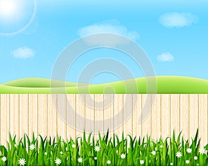 Summer landscape with garden fence, green grass, flowers, hills and sun. Vector illustration