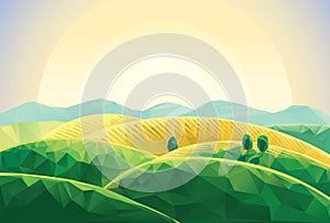 Summer landscape in a generalized polygonal style, with sunrise over the mountains and hills.