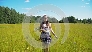 Summer landscape, girl, field of flax