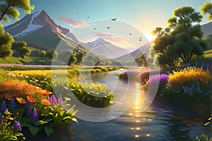 Summer Landscape, Golden Sunlight Draping Over a Lazily Flowing River, Surrounded by Lush Greenery