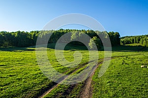 Summer landscape with green grass, roads and clouds. Rural roads. Sunset over a dirt road.