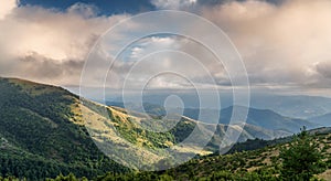 Summer landscape with green hills and blue sky with clouds. Mountain resort in Serbia Kopaonik. panorama shot