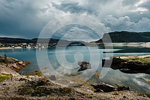 Summer landscape of the green polar tundra in the vicinity Teriberka