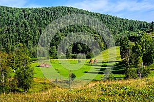 Summer landscape with haystacks in the mountains