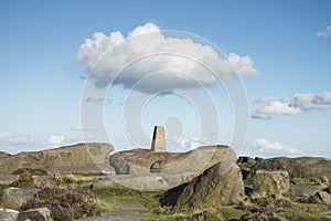 Summer landscape image of trig point on top of Stanage Edge in P